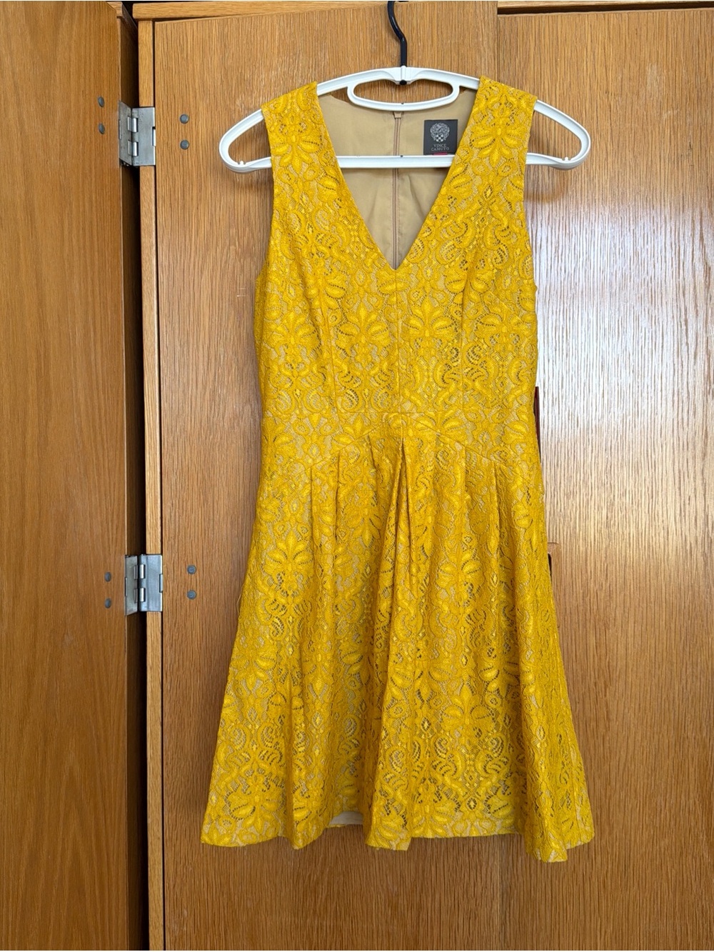 Vince Camuto Yellow Lace V-Neck Skater Dress